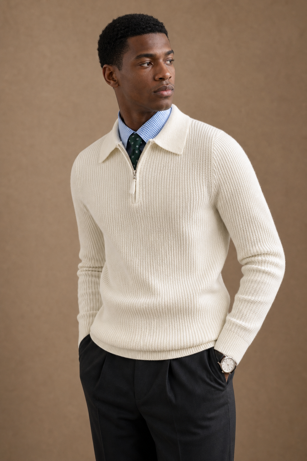 Bergamo Quarter Zip Sweater in Cream on model — alternate pose