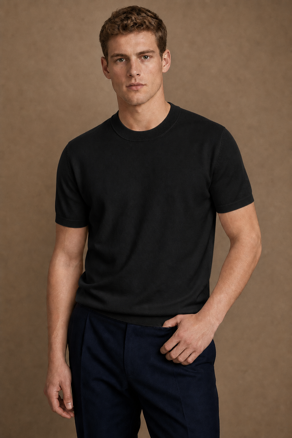 Burano Knitted T-Shirt in Black on model — alternate pose