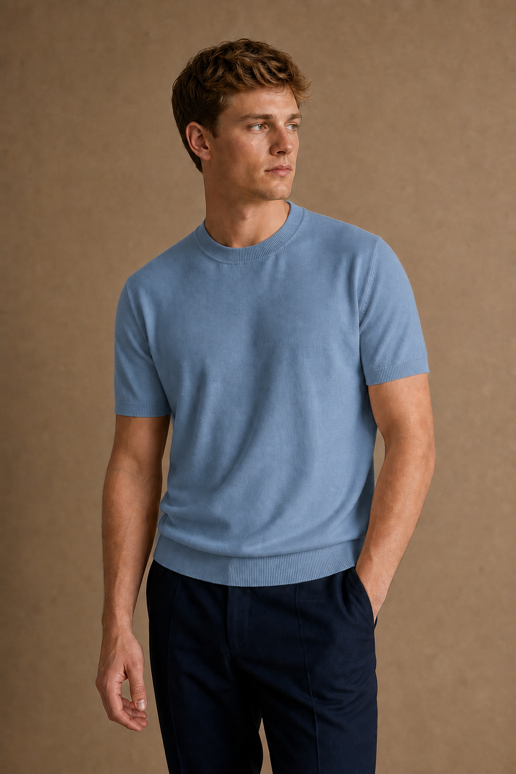 Burano Knitted T-Shirt in Dusty Blue on model — front pose