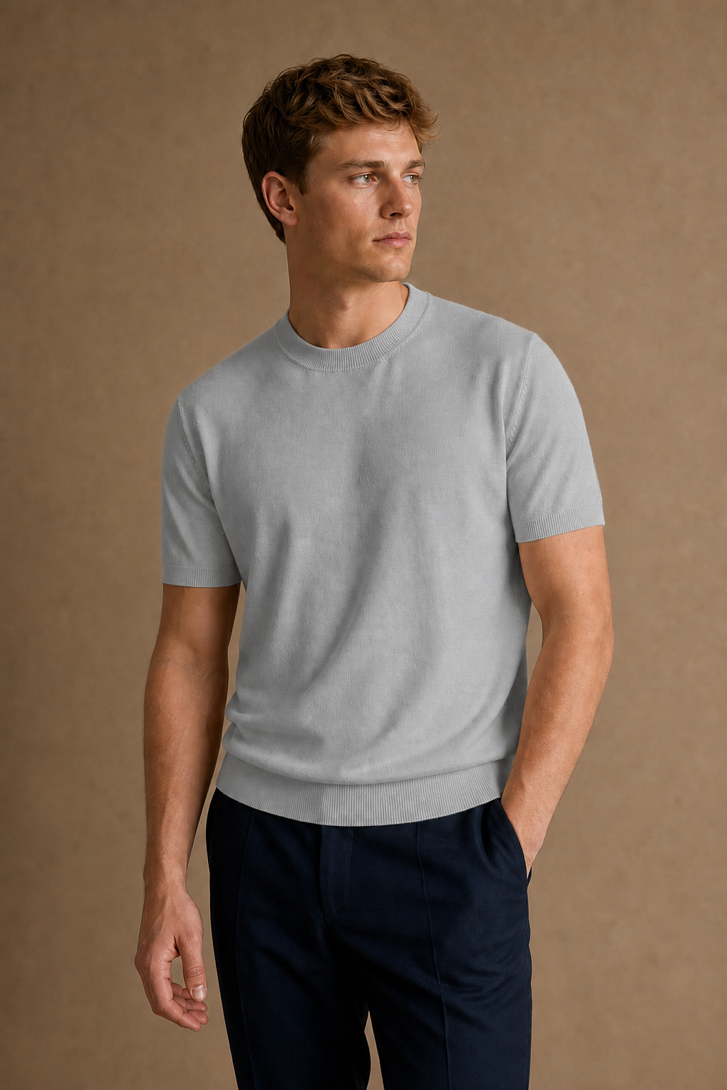 Burano Knitted T-Shirt in Light Grey on model — front pose