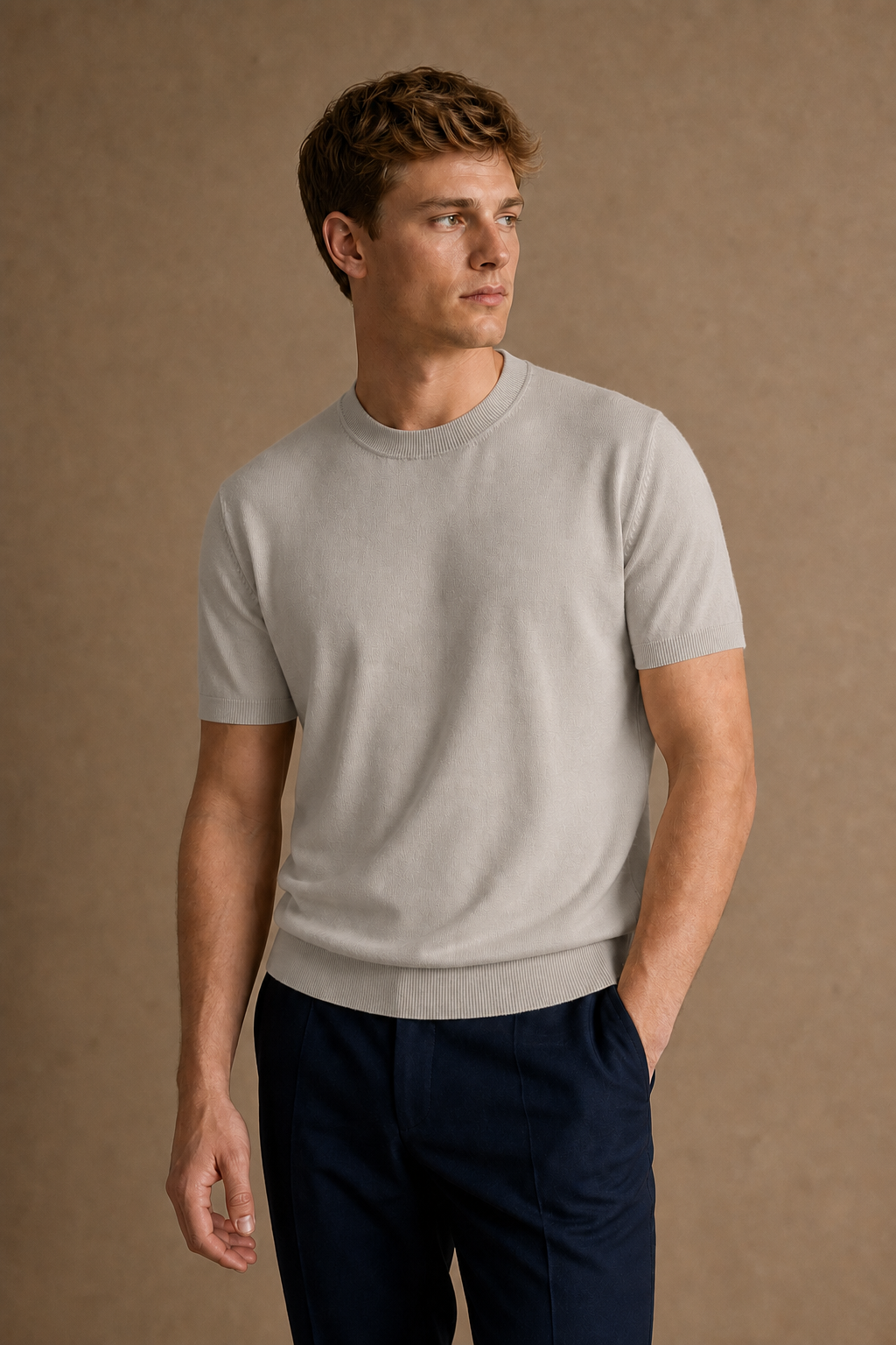 Burano Knitted T-Shirt in Stone on model — front pose