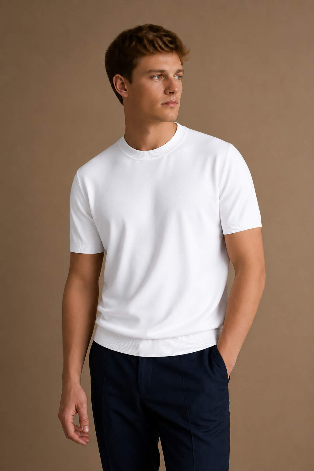 Burano Knitted T-Shirt in White on model — front pose
