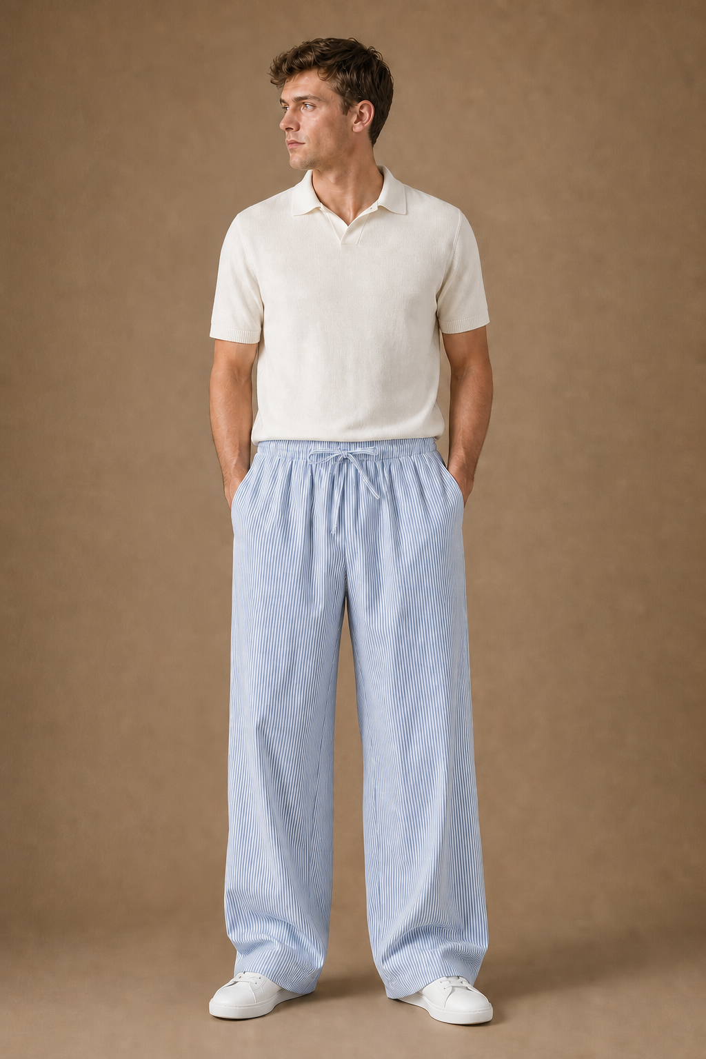 Camogli Stripe Cotton Trousers in White with Blue Stripes on model - front pose