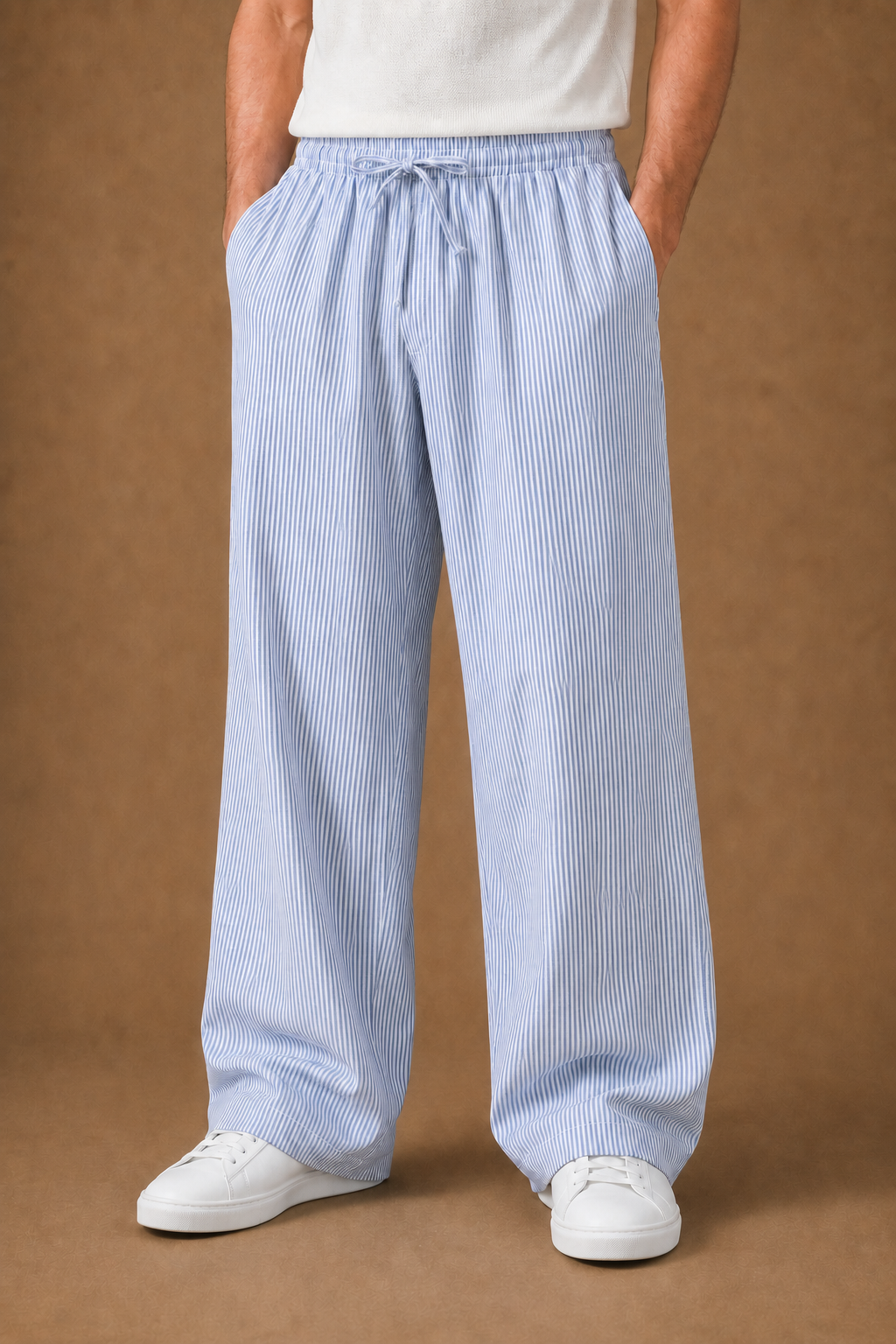 Camogli Stripe Cotton Trousers in White with Blue Stripes on model - alternate pose