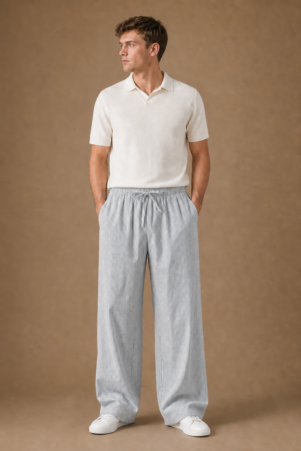 Camogli Stripe Cotton Trousers in White with Grey Stripes on model - front pose