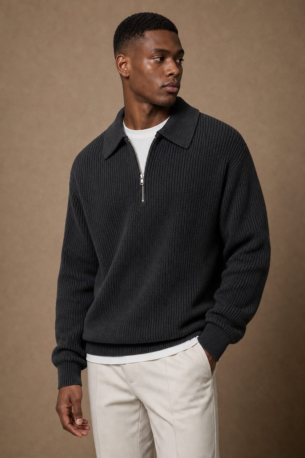 The Capri Polo Quarter Zip in Black on model — front pose