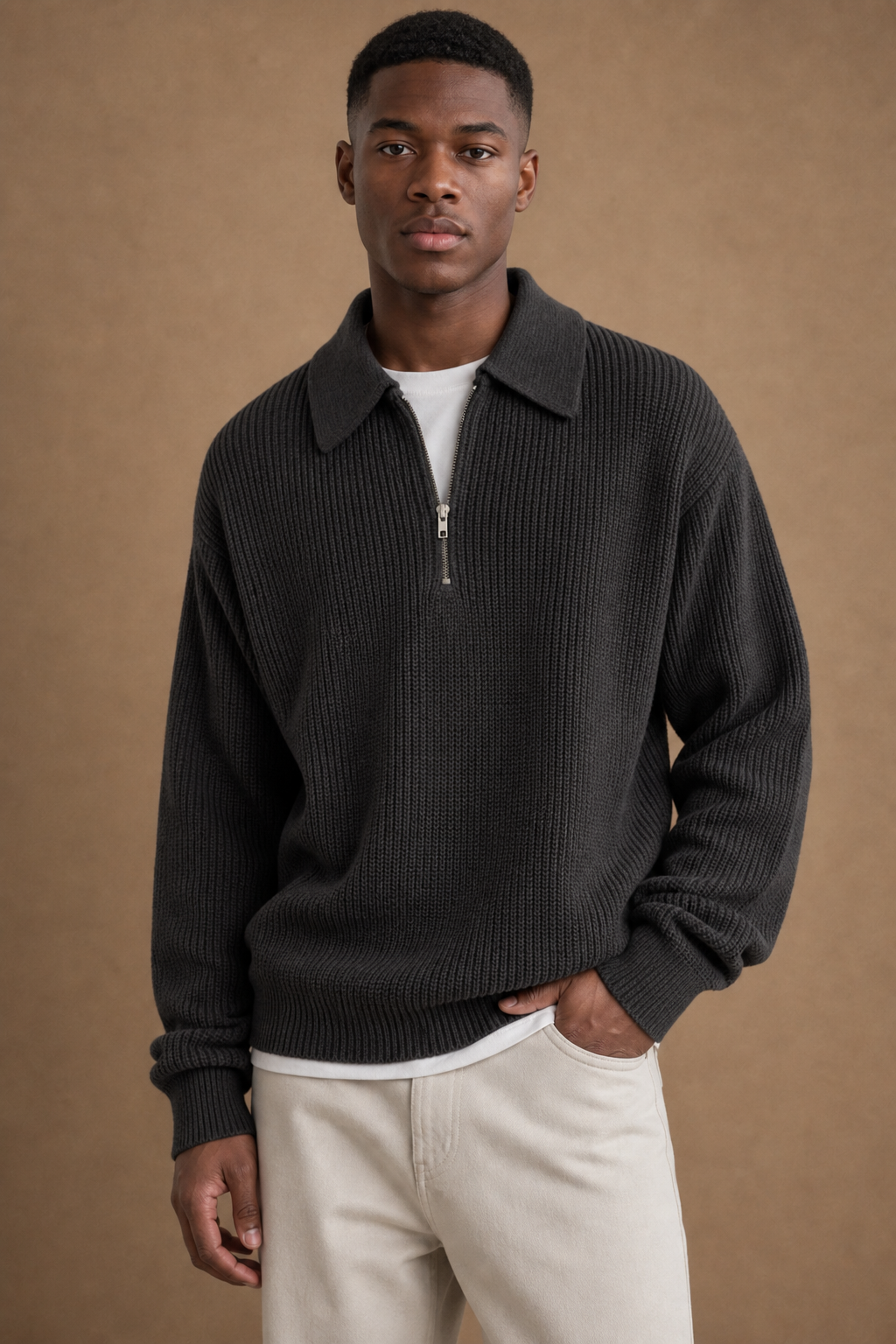 The Capri Polo Quarter Zip in Black on model — alternate pose