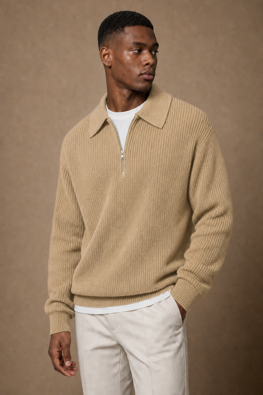 The Capri Polo Quarter Zip in Camel on model — front pose