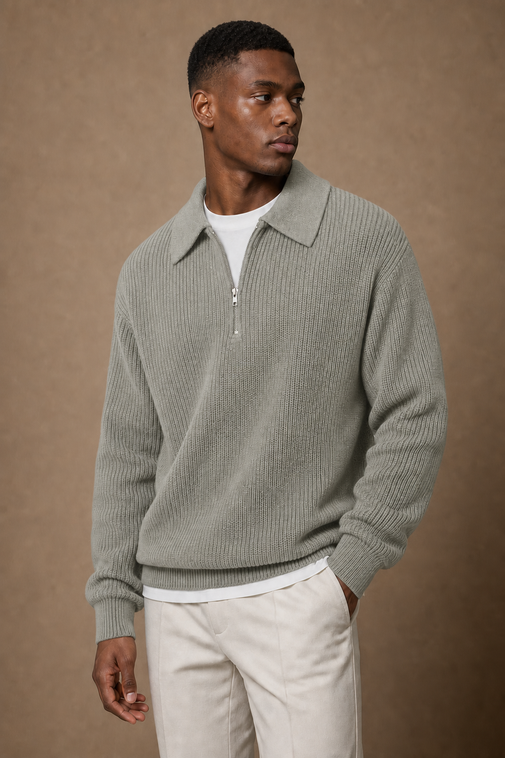 The Capri Polo Quarter Zip in Sage on model — front pose