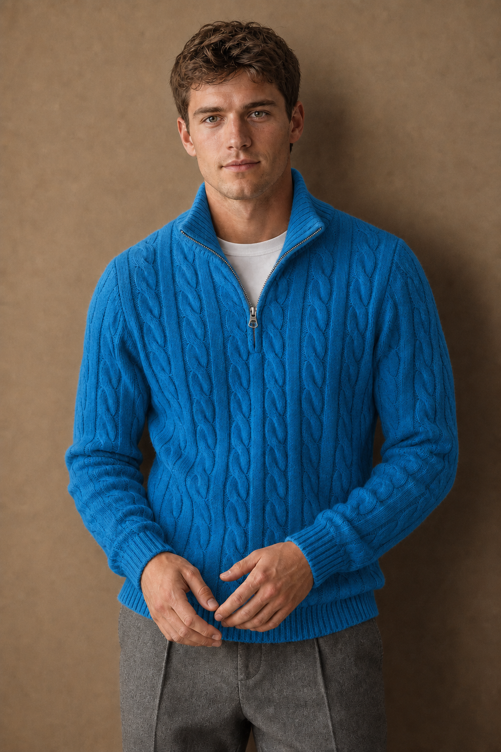 Cassis Half Zip in Blue on model - front pose
