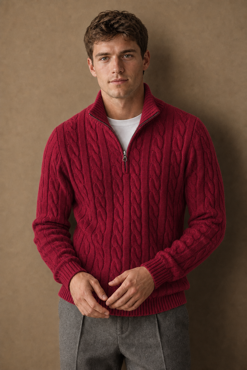 Cassis Half Zip in Burgundy on model - front pose