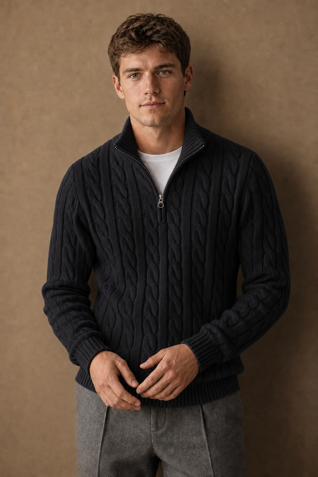 Cassis Half Zip in Charcoal on model - front pose
