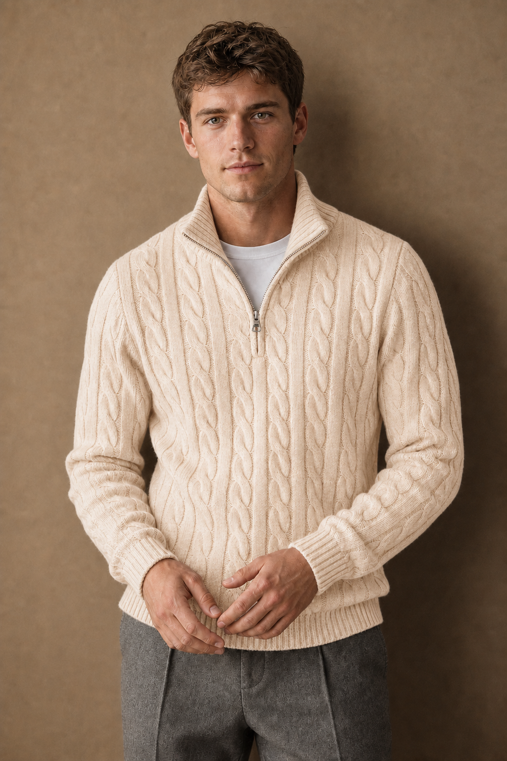 Cassis Half Zip in Cream on model - front pose
