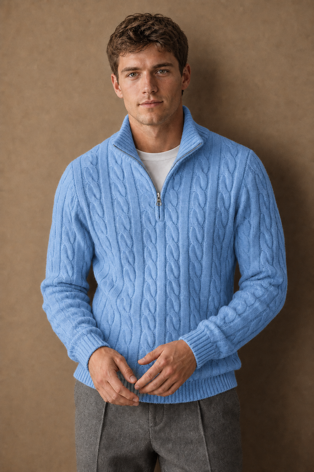 Cassis Half Zip in Light Blue on model - front pose