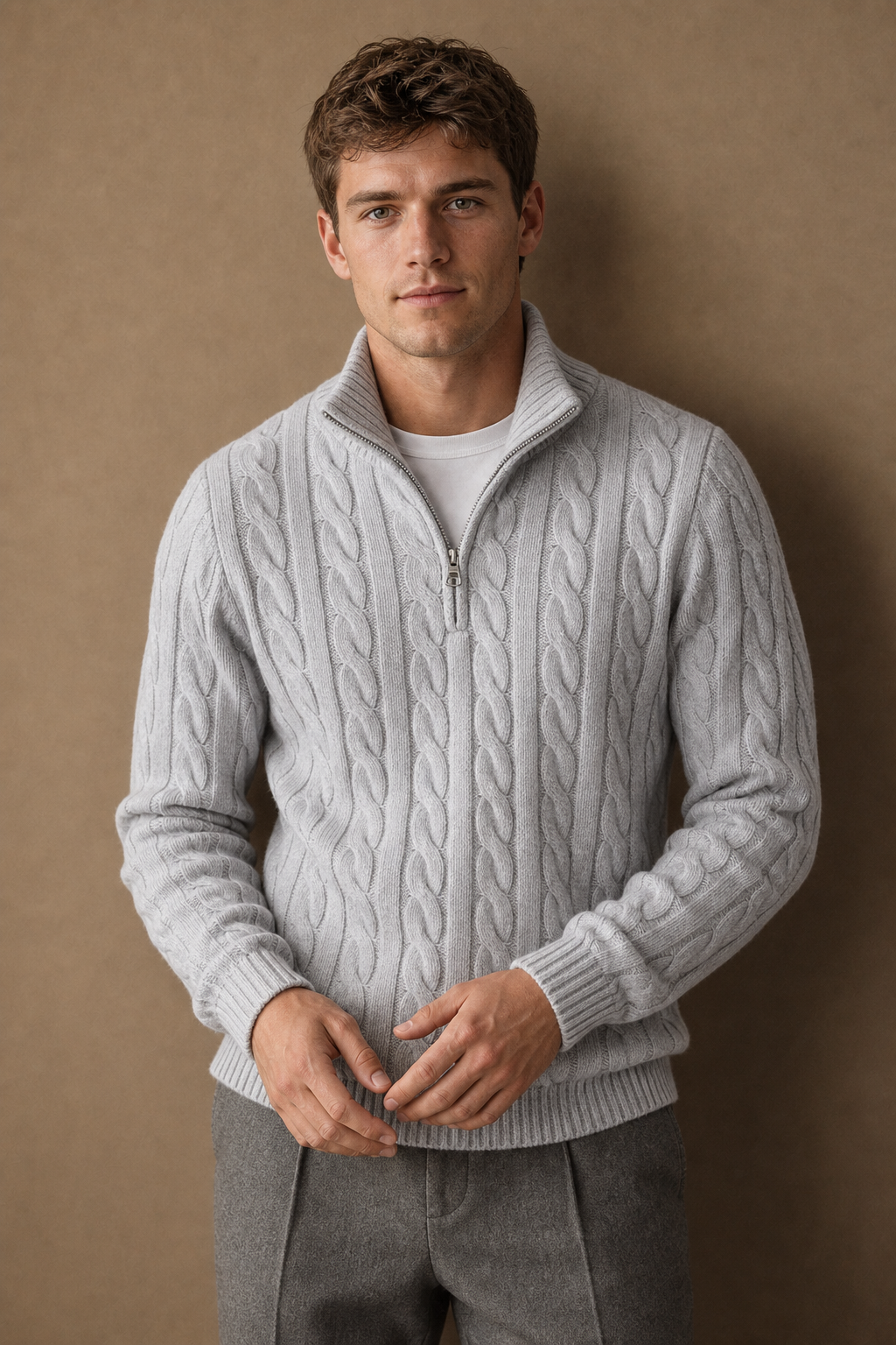 Cassis Half Zip in Light Grey on model - front pose