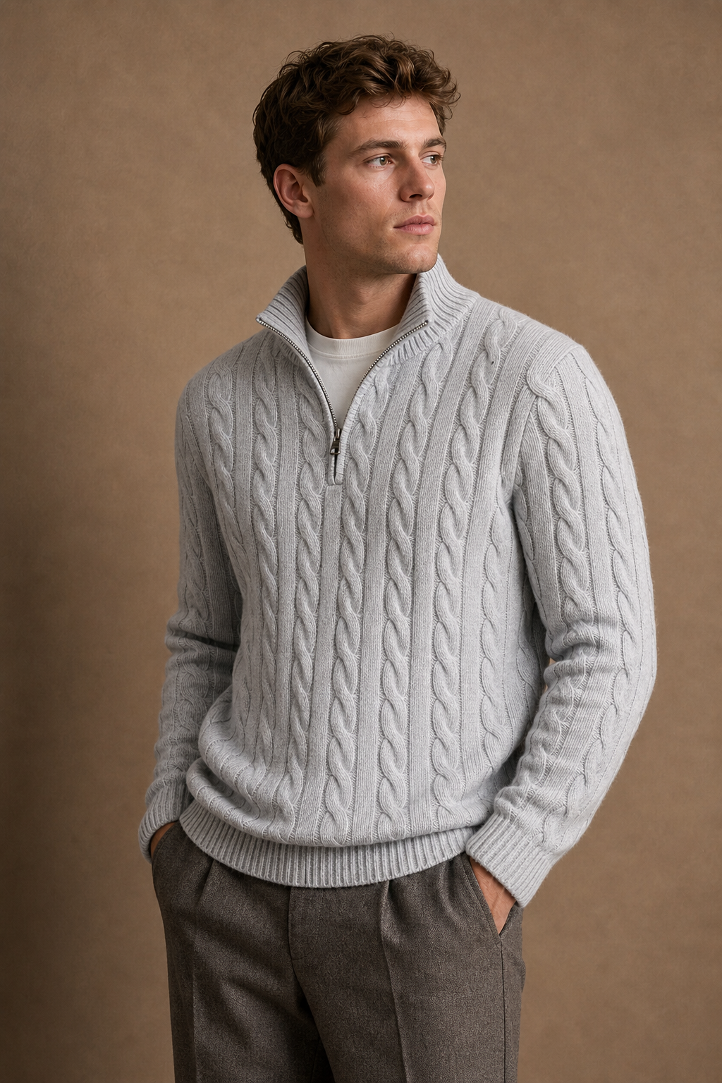 Cassis Half Zip in Light Grey on model - alternate pose