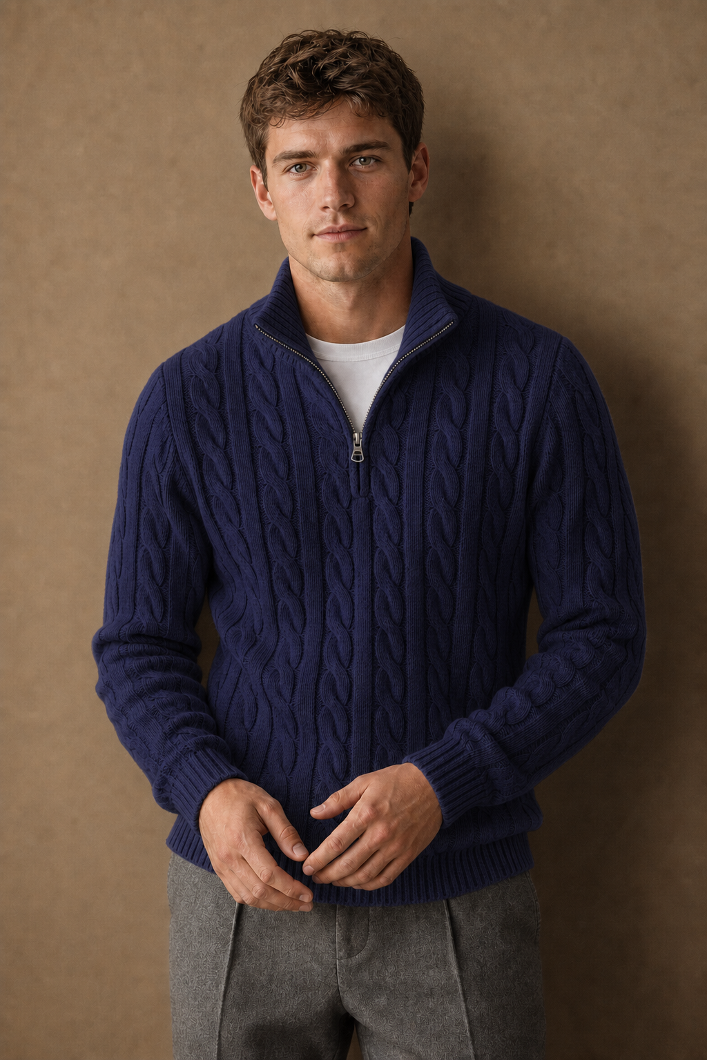 Cassis Half Zip in Navy on model - front pose