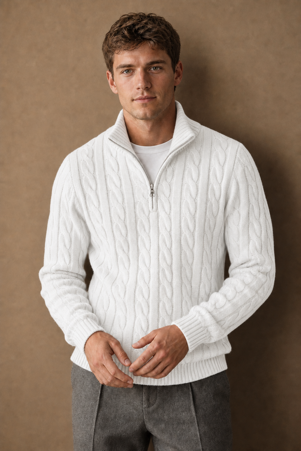 Cassis Half Zip in White on model - front pose