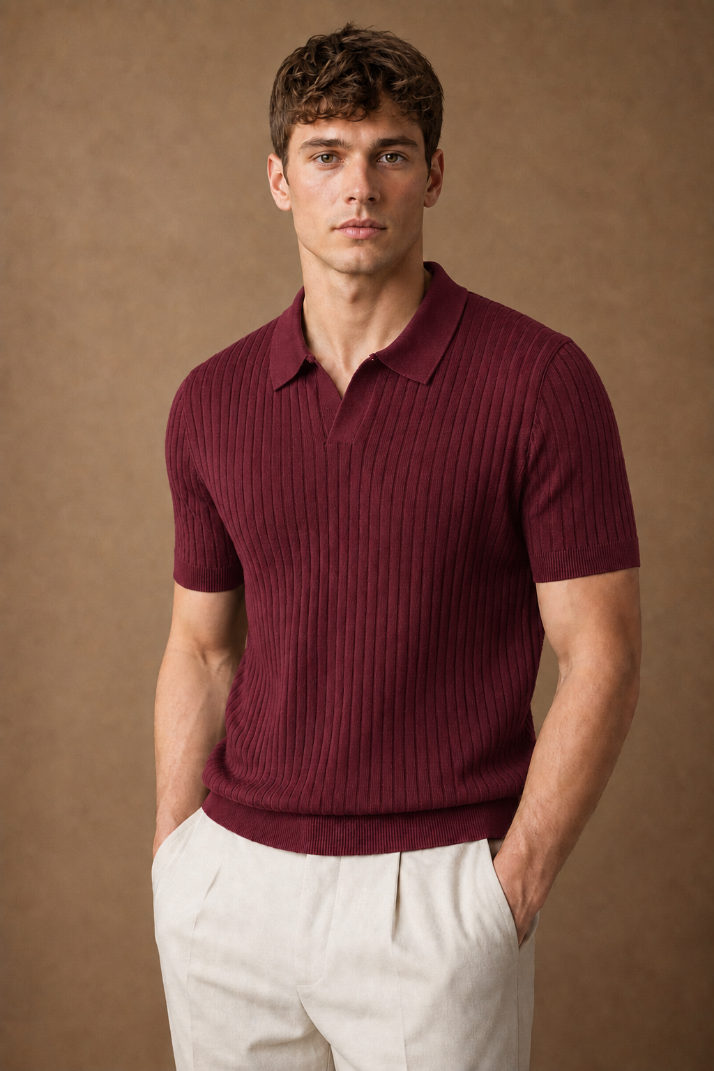 Chioggia Ribbed Polo Shirt in Burgundy on model — front pose