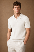 Chioggia Ribbed Polo Shirt in Ivory on model — front pose