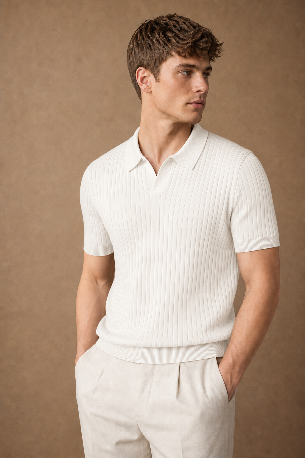 Chioggia Ribbed Polo Shirt in Ivory on model — alternate pose