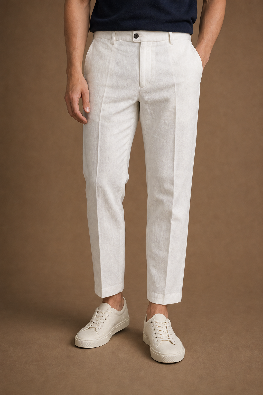 Comfort Linen Trousers in Ivory on model - alternate pose