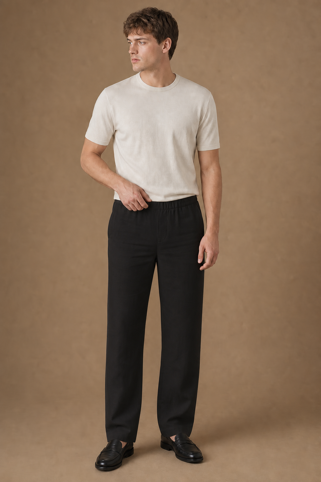 Elba Linen Trousers in Black on model - front pose