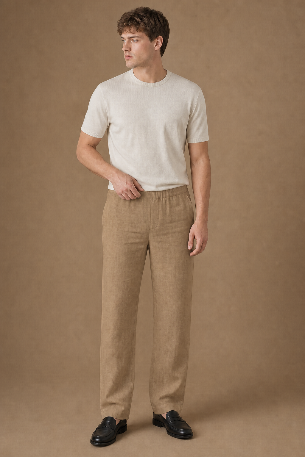 Elba Linen Trousers in Camel on model - front pose