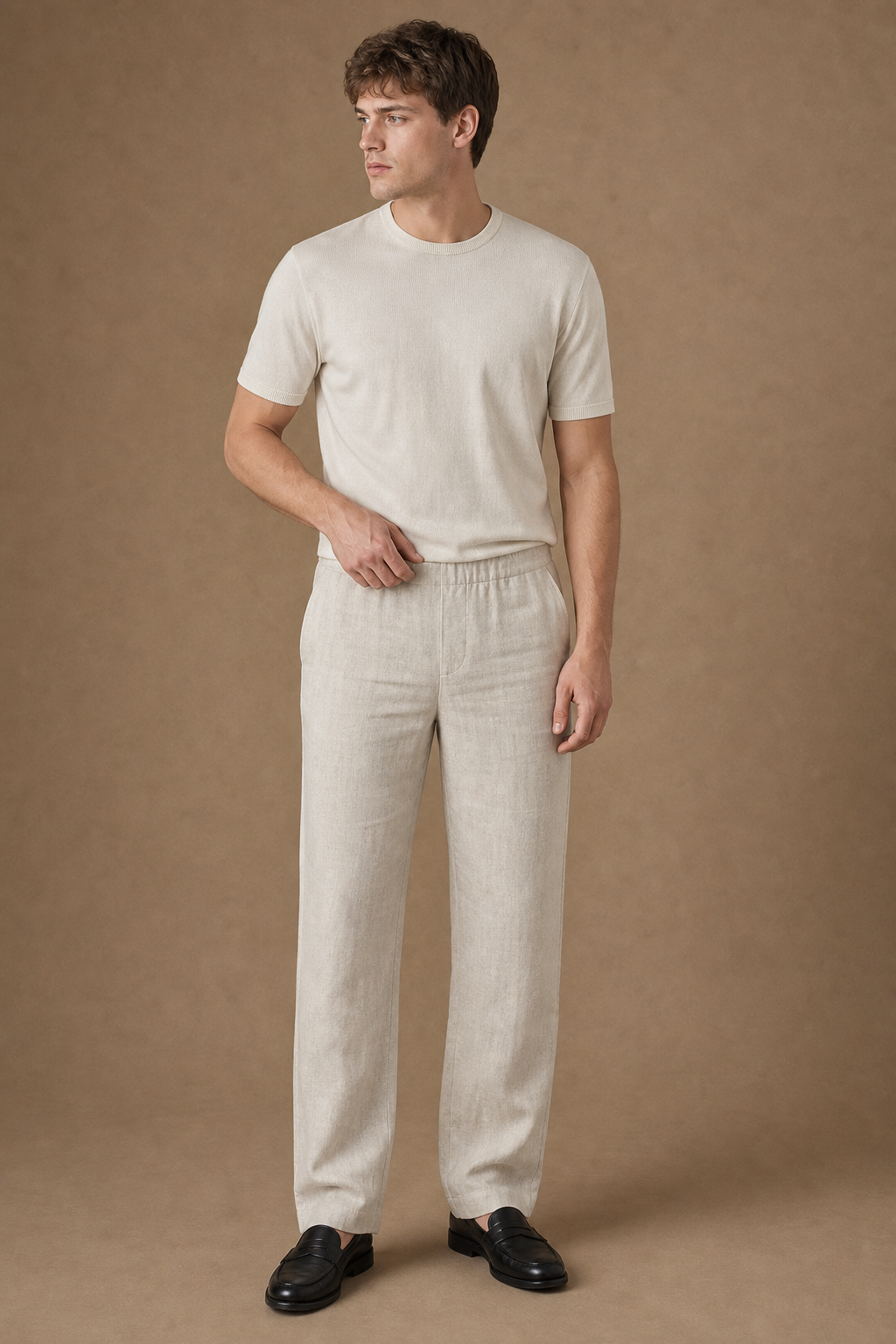 Elba Linen Trousers in Oatmeal on model - front pose