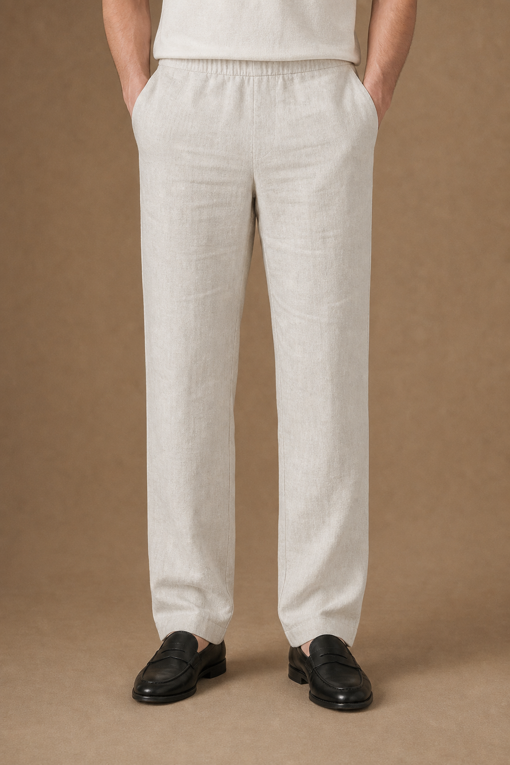 Elba Linen Trousers in Oatmeal on model - alternate pose