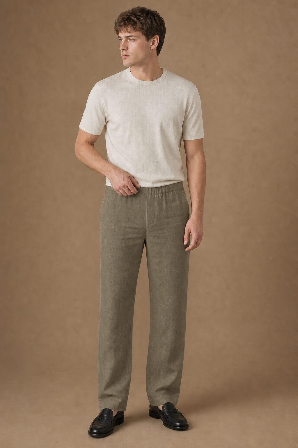 Elba Linen Trousers in Olive on model - front pose