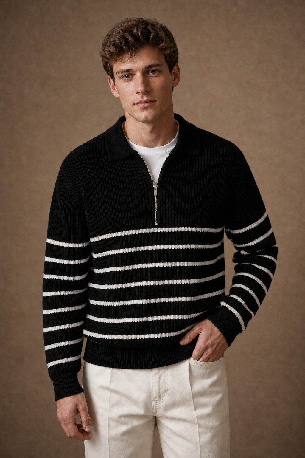 Firenze Quarter Zip Sweater in Black on model — front pose