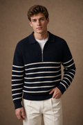Firenze Quarter Zip Sweater in Navy on model — front pose