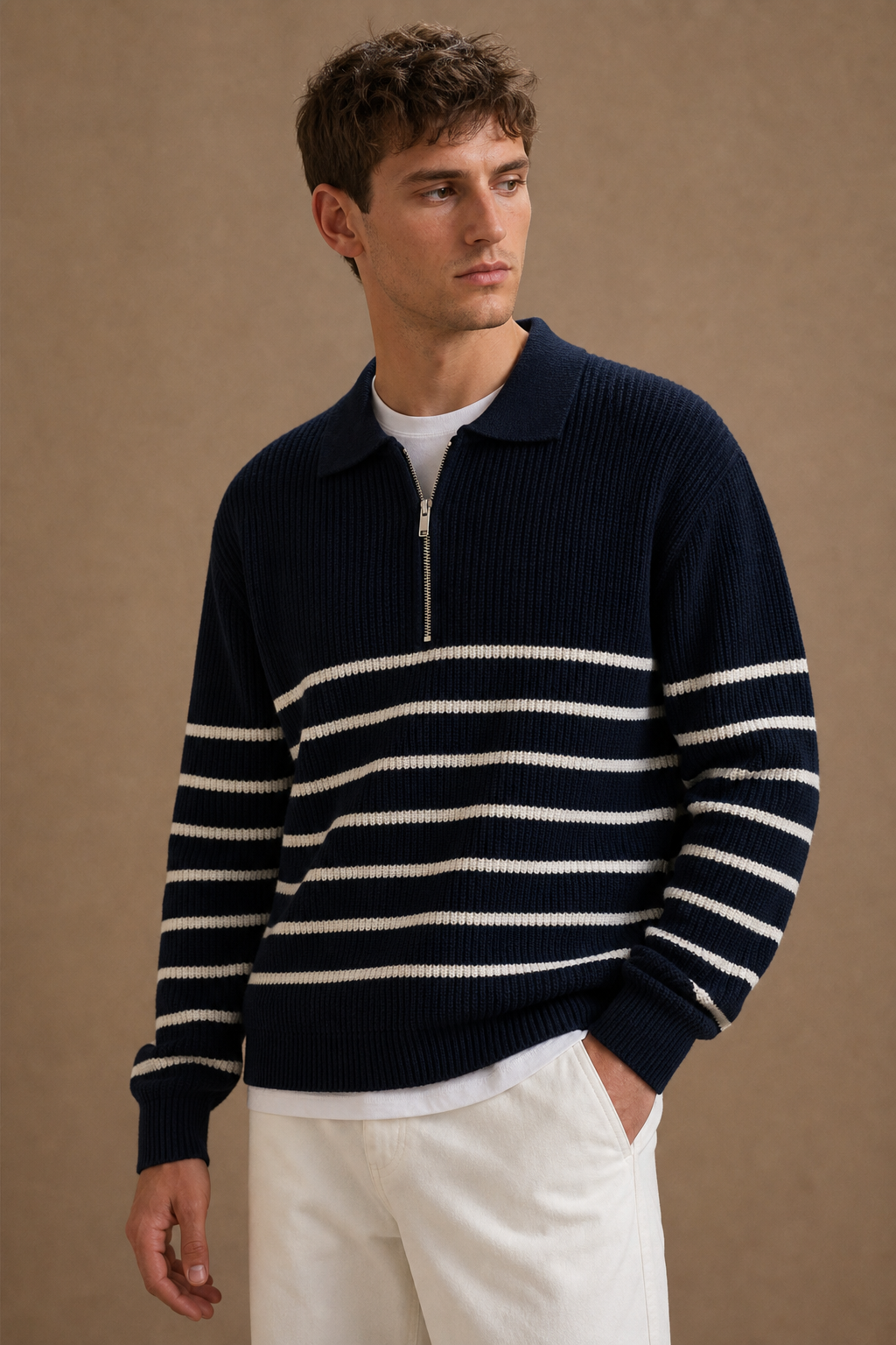 Firenze Quarter Zip Sweater in Navy on model — alternate pose