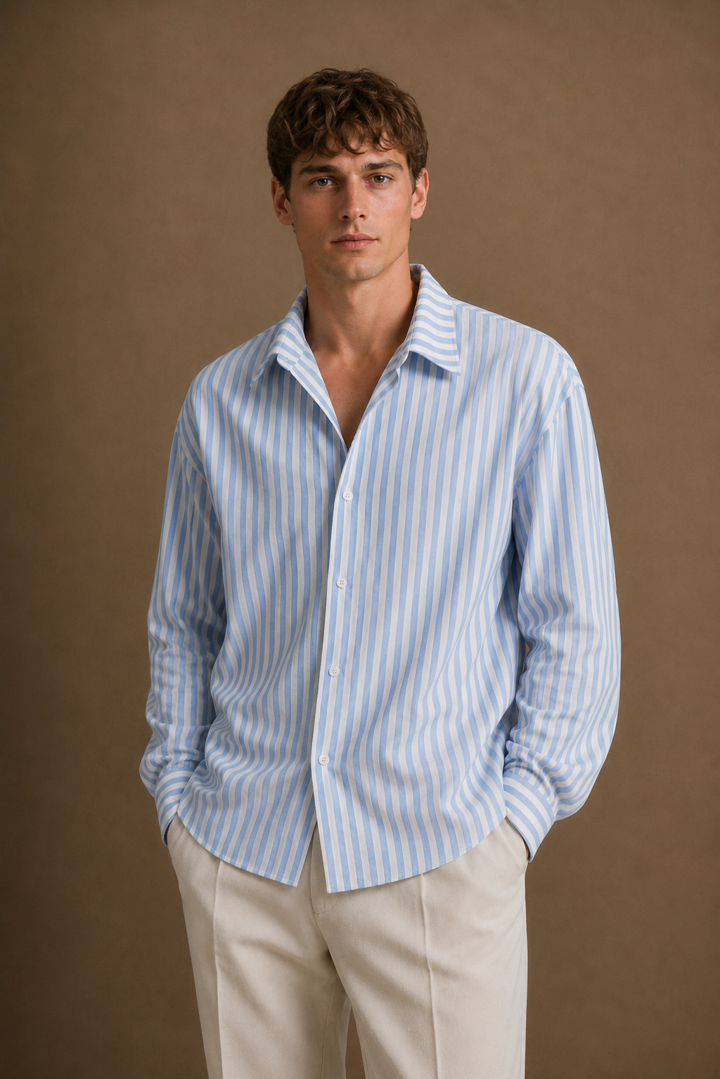Formentera Striped Linen Shirt in White with Light Blue Stripes on model - front pose