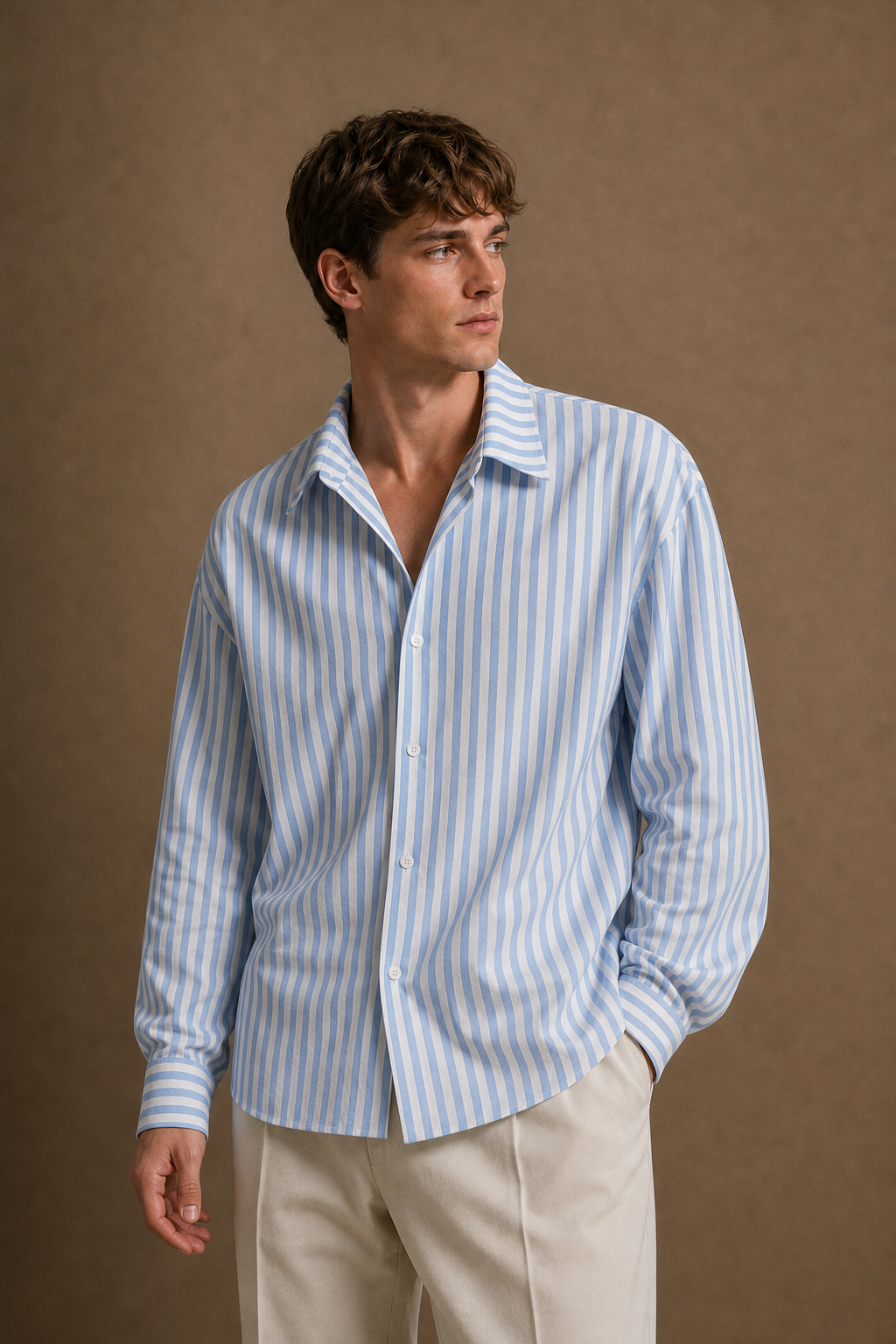 Formentera Striped Linen Shirt in White with Light Blue Stripes on model - alternate pose