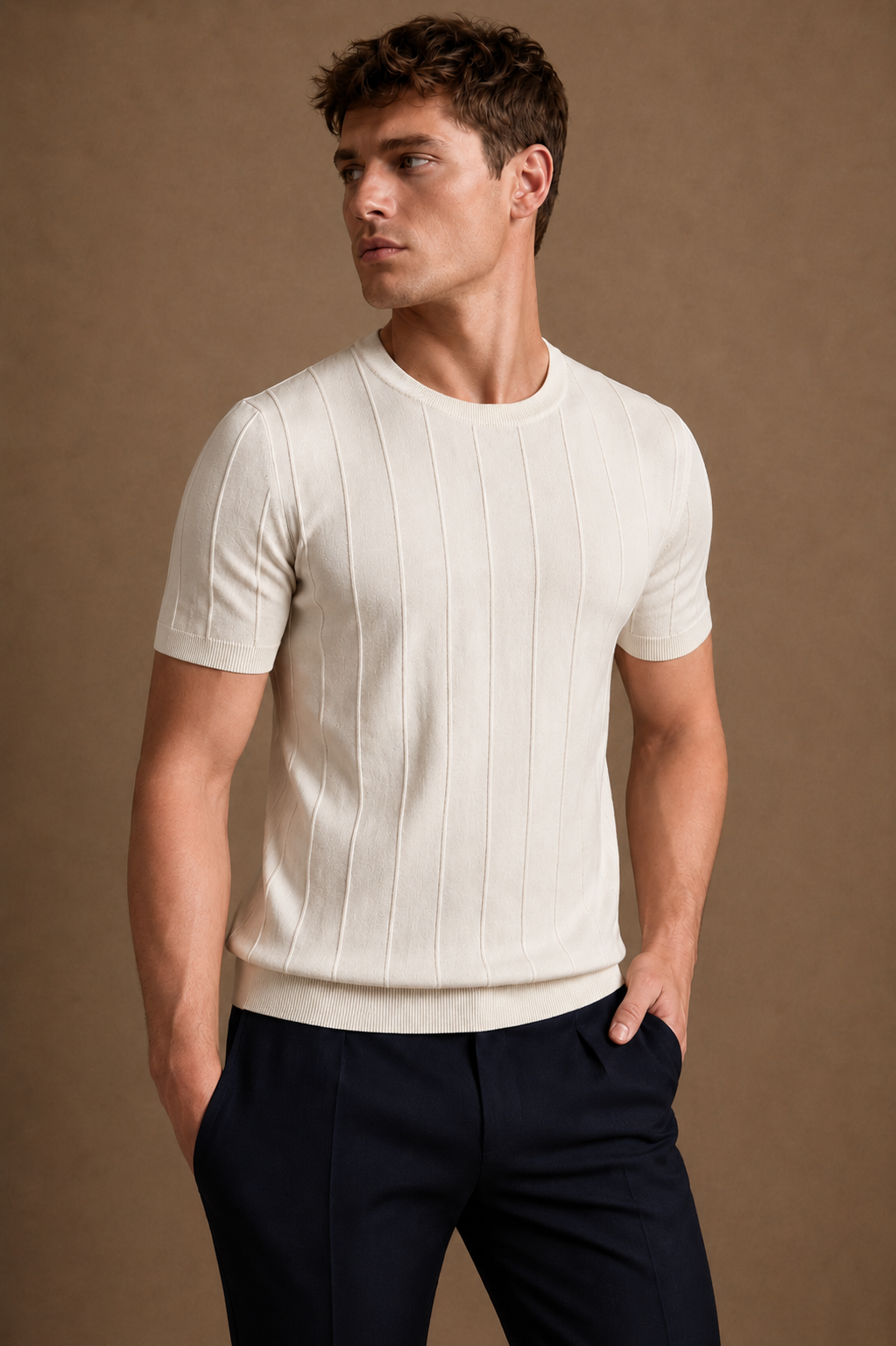 Hydra Pleated T-Shirt in Cream on model — front pose