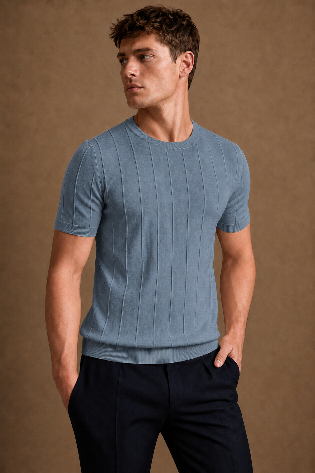 Hydra Pleated T-Shirt in Dusty Blue on model — front pose