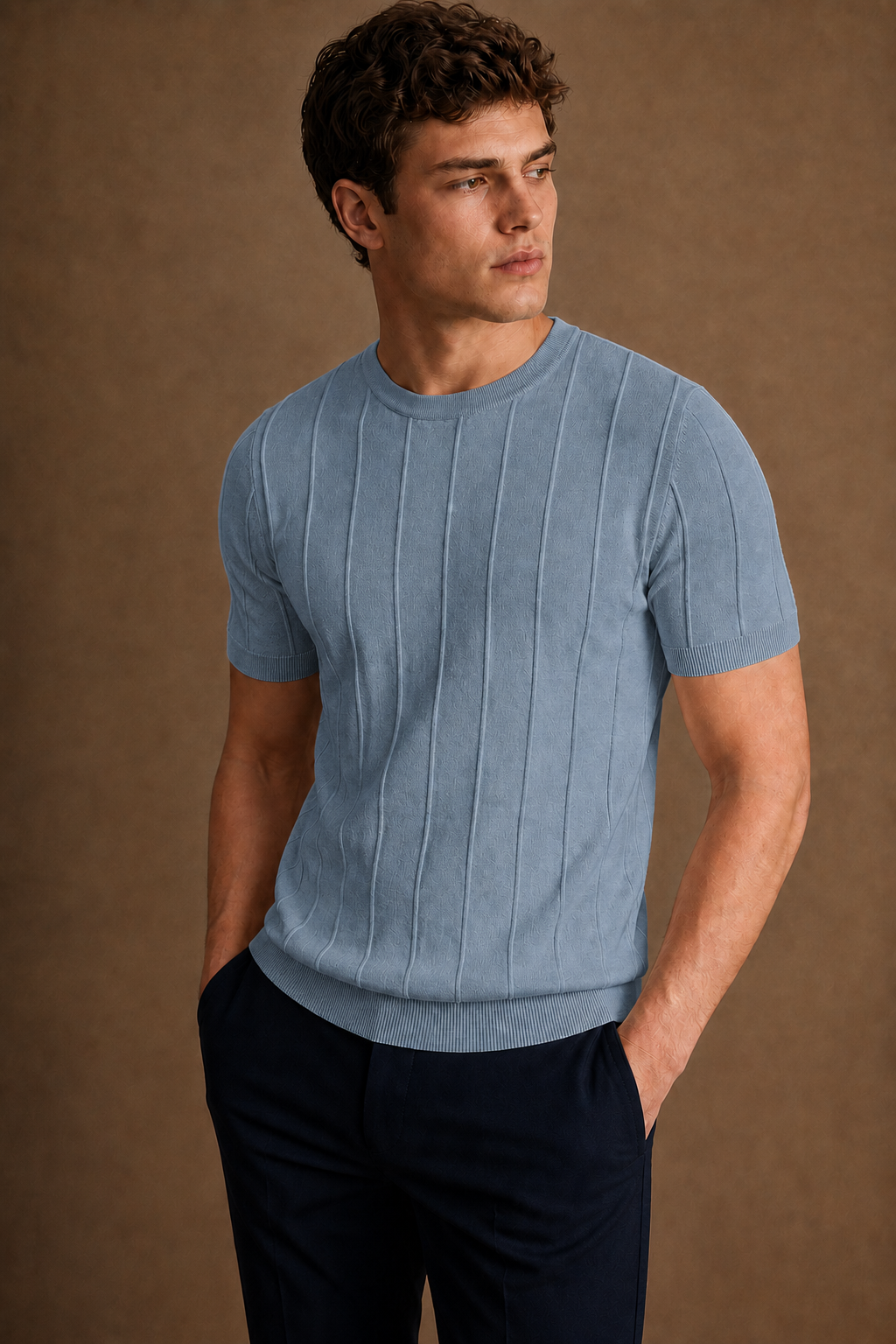 Hydra Pleated T-Shirt in Dusty Blue on model — alternate pose