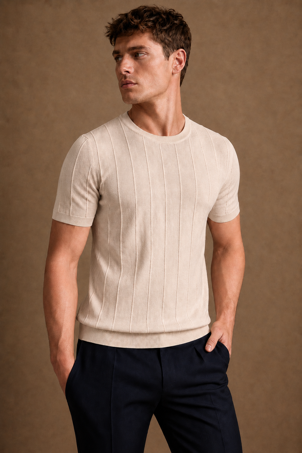Hydra Pleated T-Shirt in Sand on model — front pose