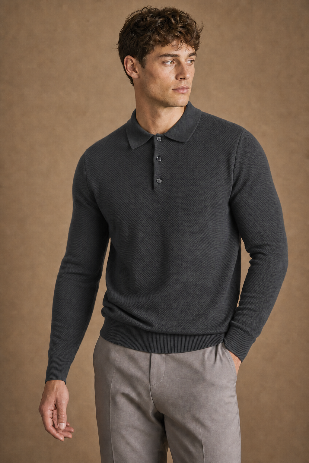 Ischia Casual Polo Shirt in Charcoal on model — front pose