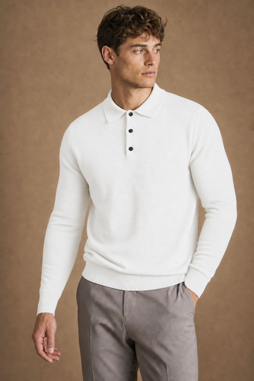 Ischia Casual Polo Shirt in Ivory on model — front pose