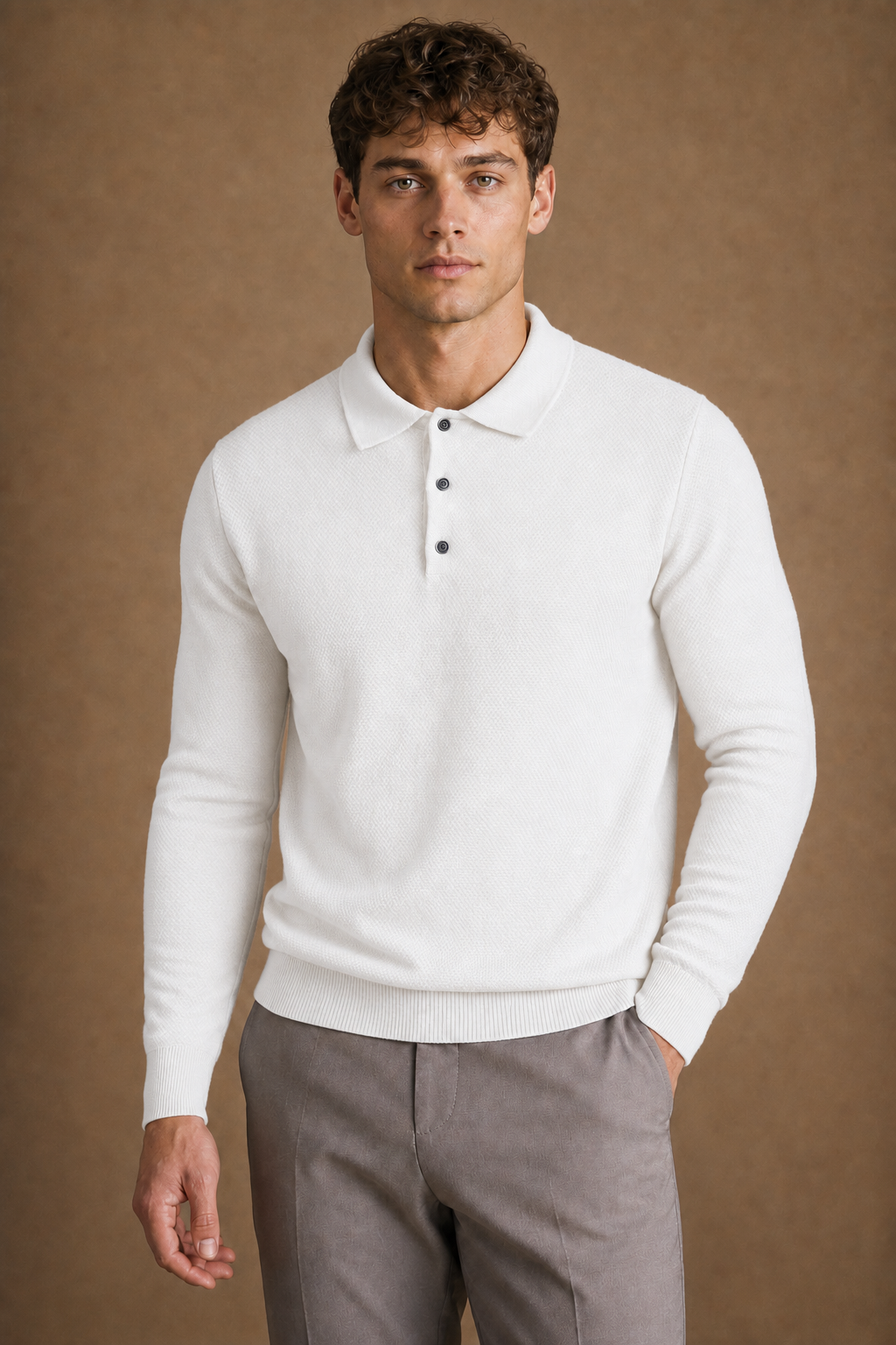 Ischia Casual Polo Shirt in Ivory on model — alternate pose