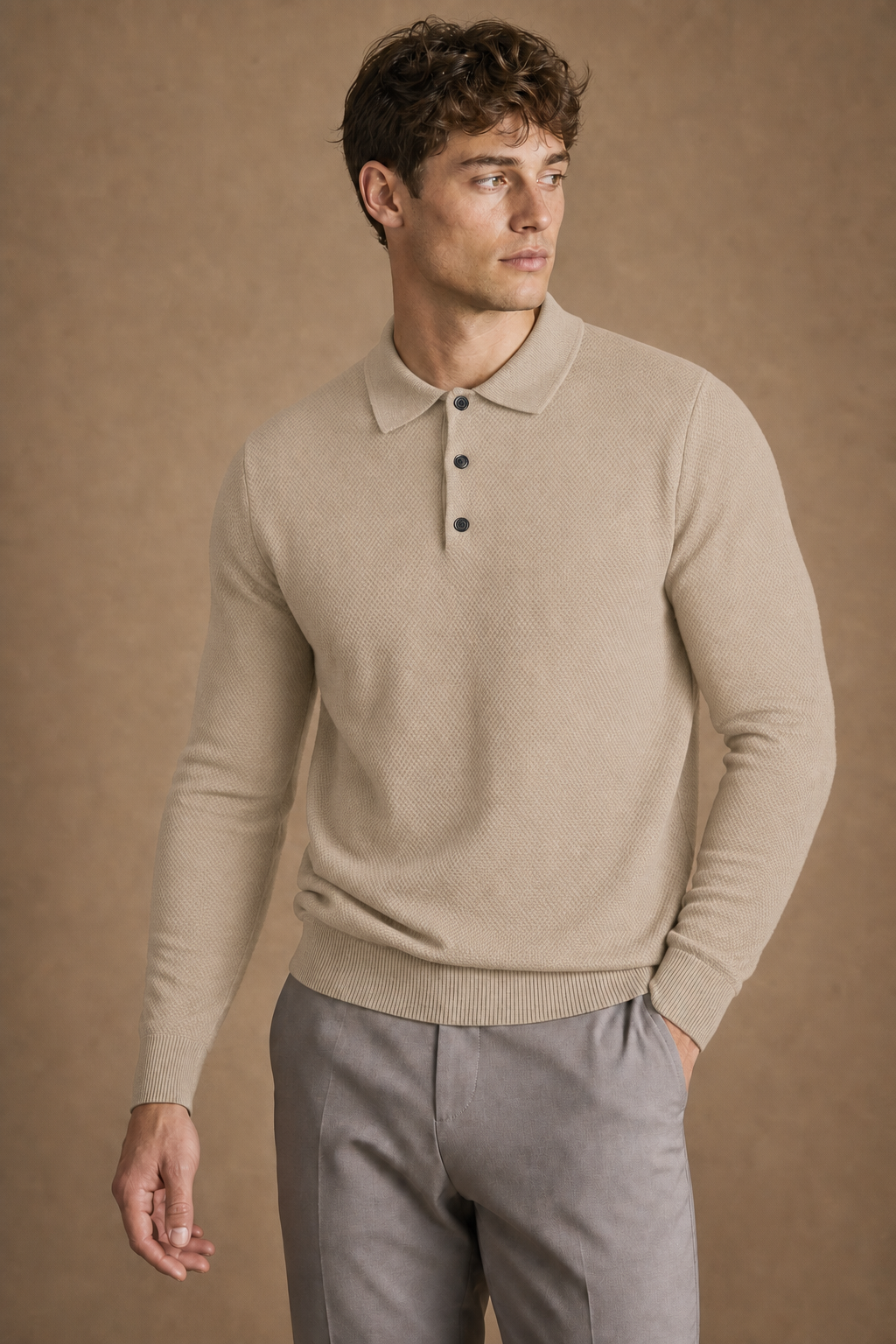 Ischia Casual Polo Shirt in Sand on model — front pose