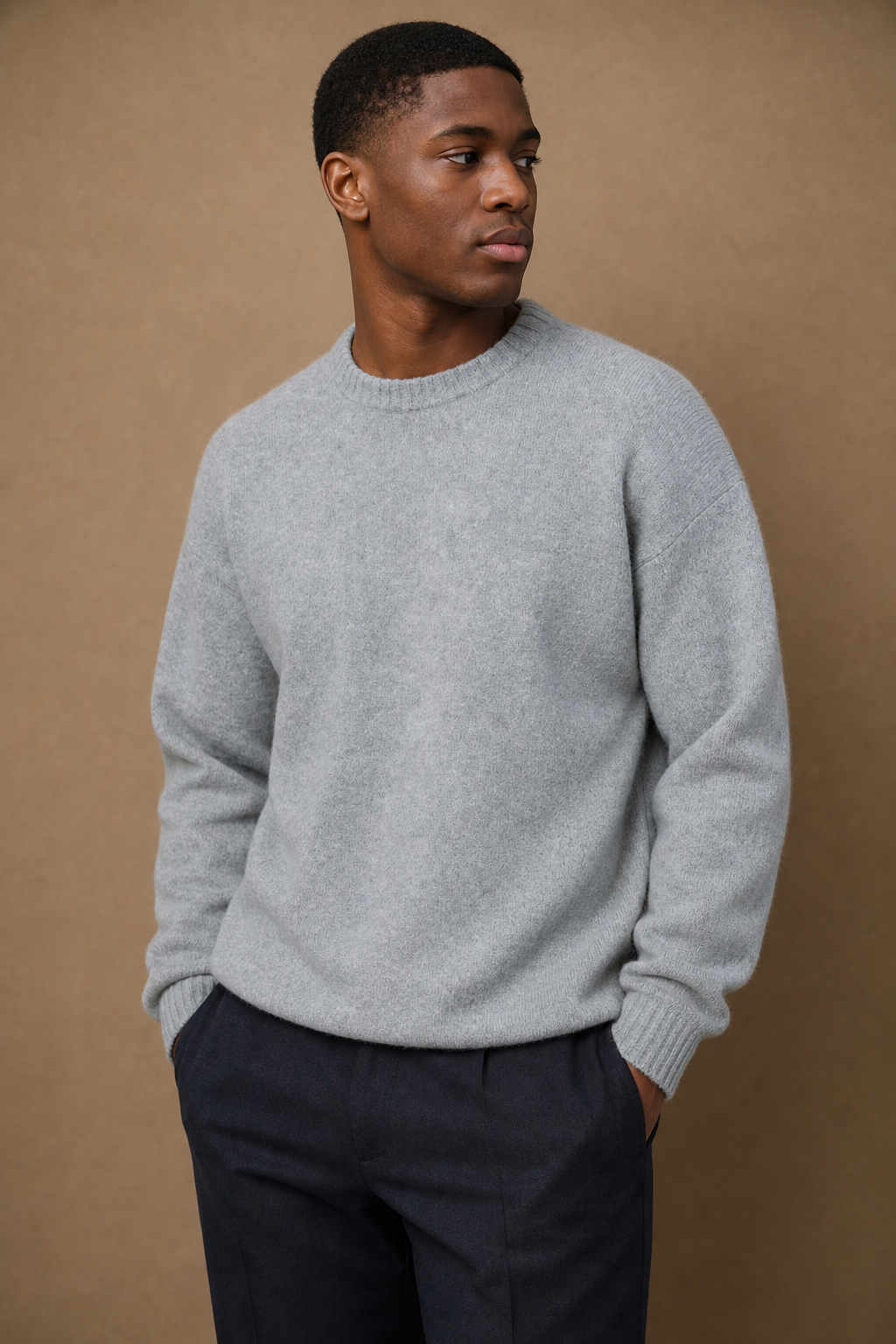 Knit Wool Sweater in Grey on model — front pose