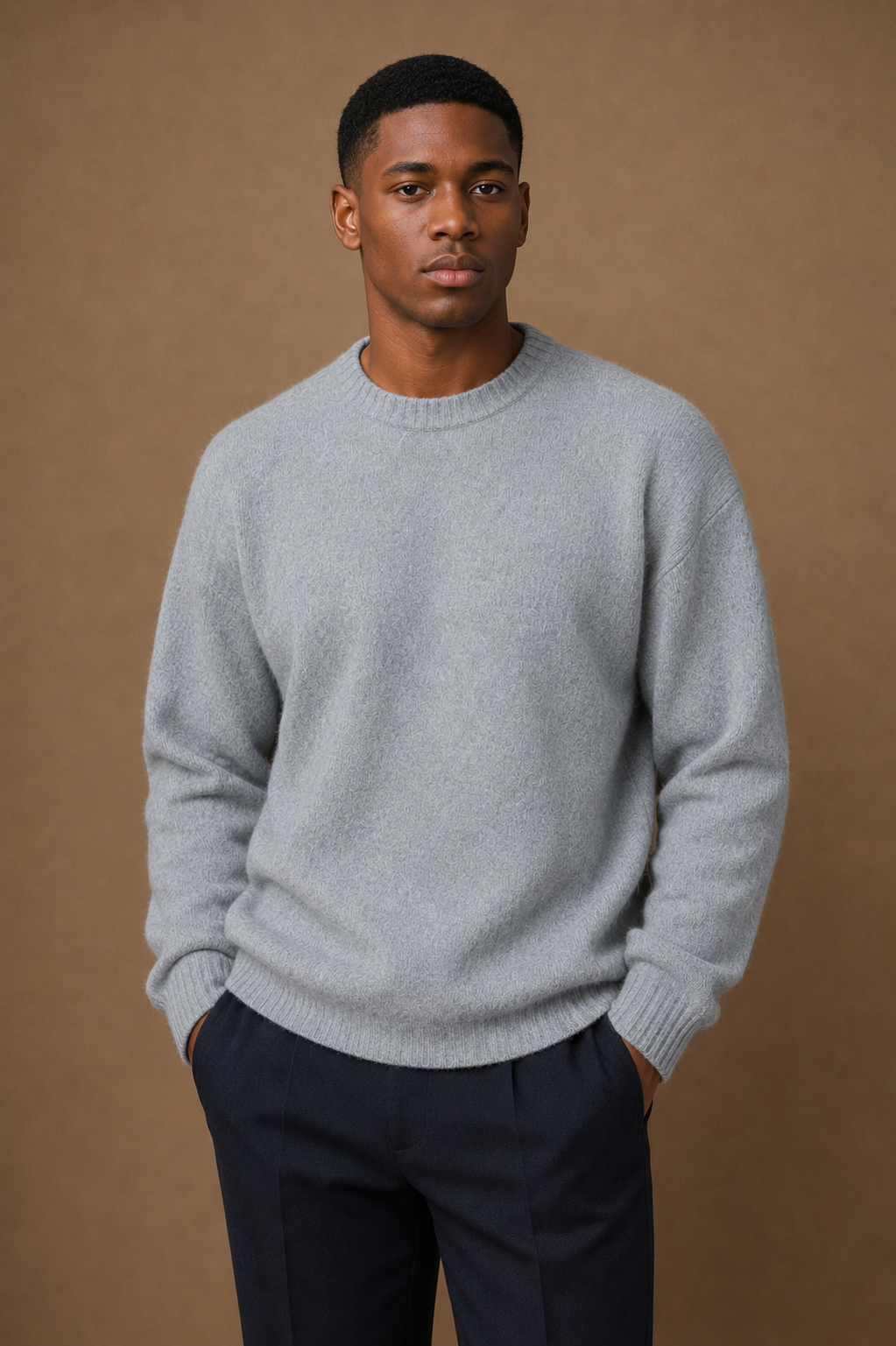 Knit Wool Sweater in Grey on model — alternate pose