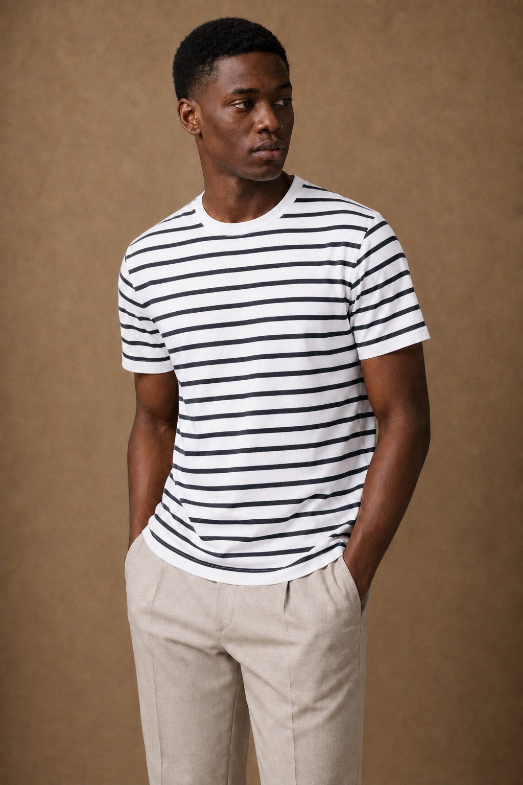 Lido Striped T-Shirt in White with Navy Stripes on model — front pose