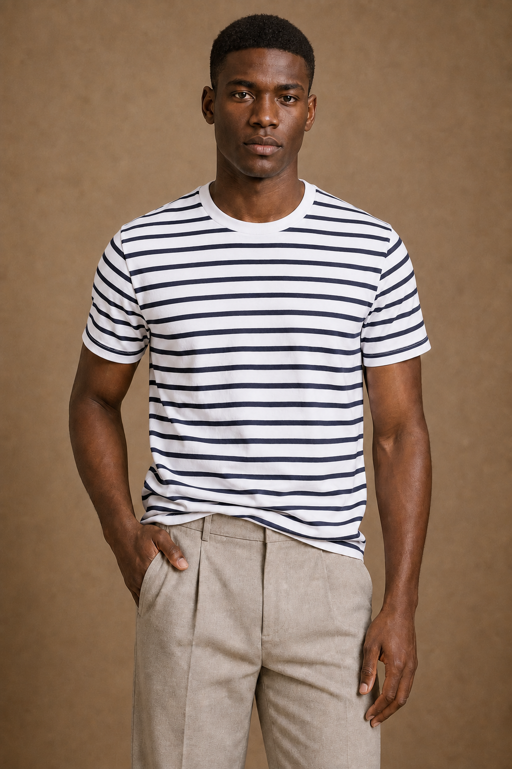Lido Striped T-Shirt in White with Navy Stripes on model — alternate pose