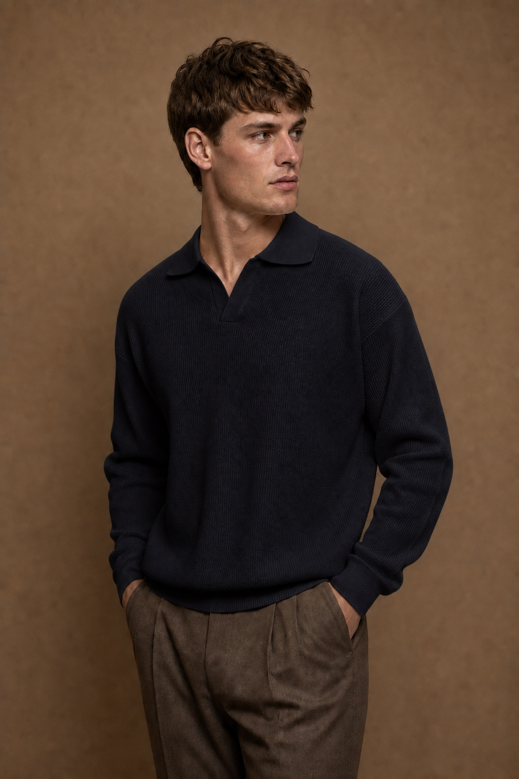 Lyon V-Neck Polo Sweater in Black on model - front pose