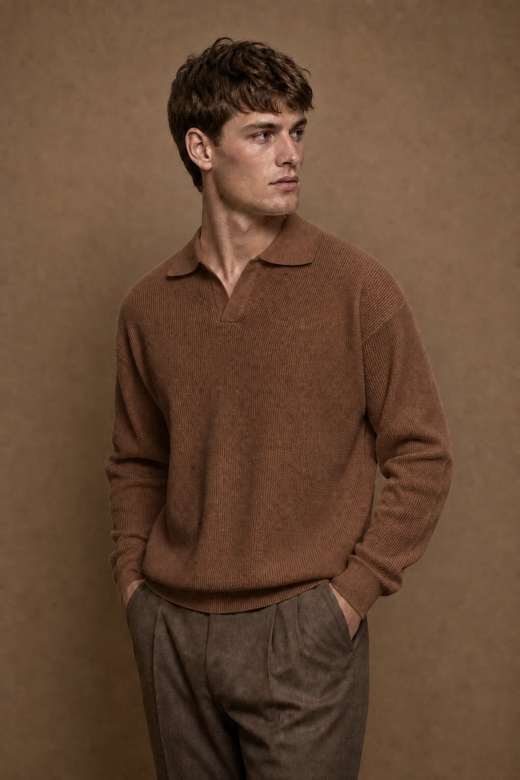 Lyon V-Neck Polo Sweater in Brown on model - front pose